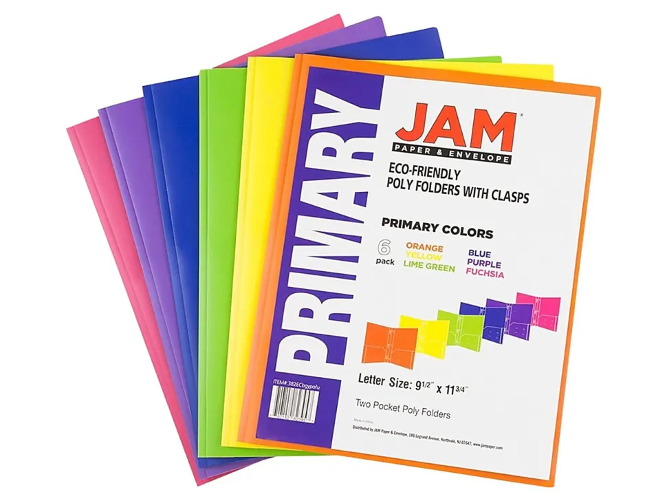JAM Paper® Plastic 2-Pocket POP Folders With Prongs, Letter Size, 9-1/2" x 11-1/2", Assorted Primary Colors, Pack Of 6 Folders
