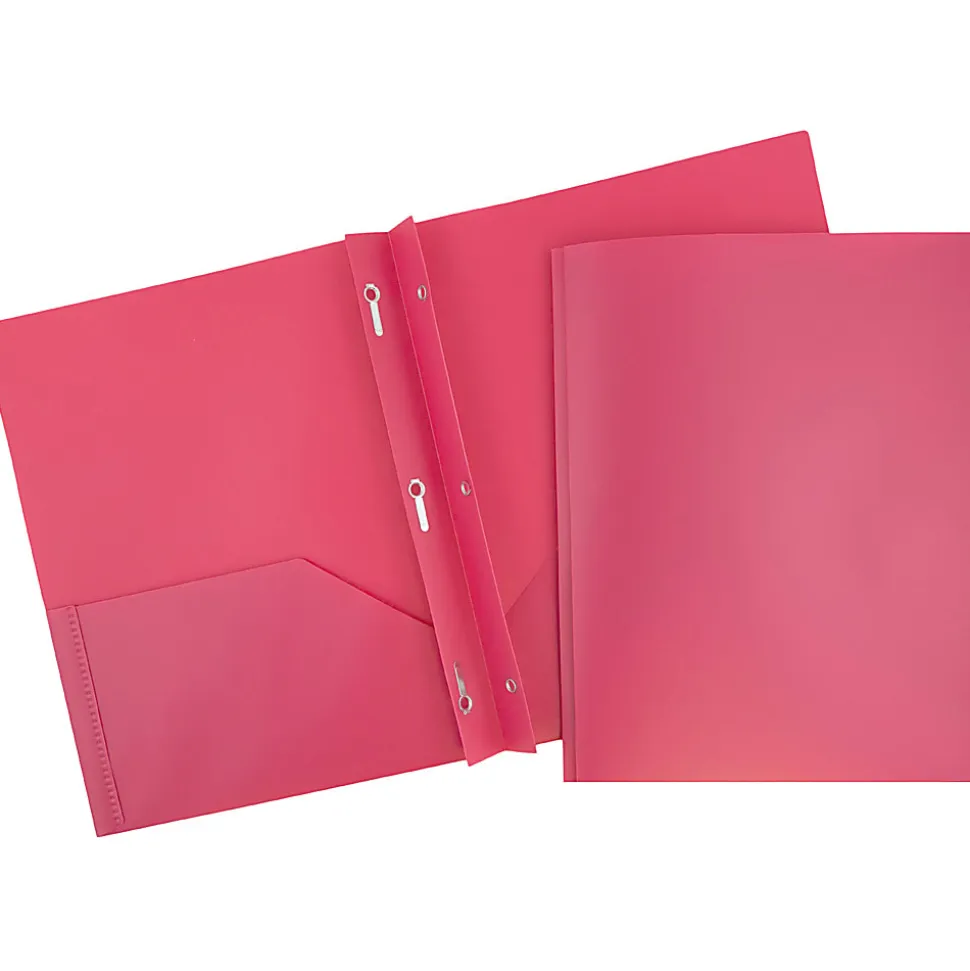 JAM Paper® Plastic 2-Pocket POP Folders with Metal Prongs Fastener Clasps, 9 1/2" x 11 1/2", Fuchsia Pink, Pack Of 6