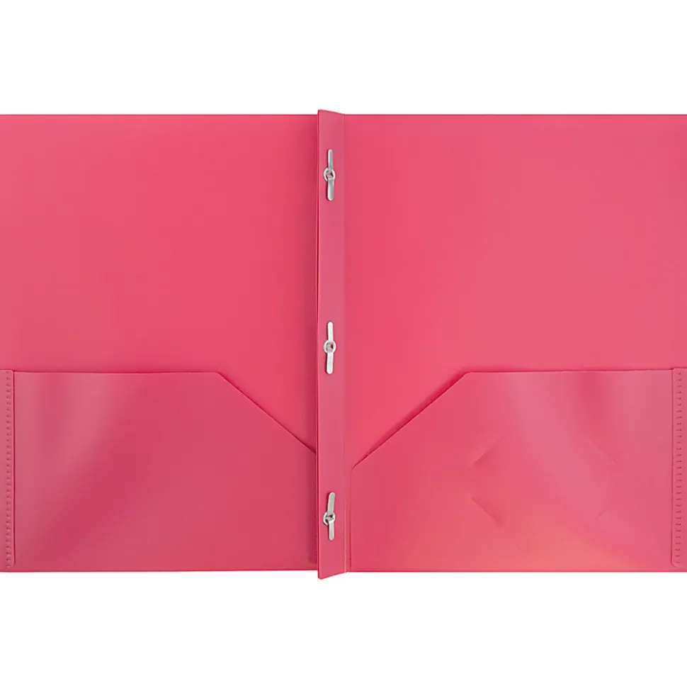 JAM Paper® Plastic 2-Pocket POP Folders with Metal Prongs Fastener Clasps, 9 1/2" x 11 1/2", Fuchsia Pink, Pack Of 6