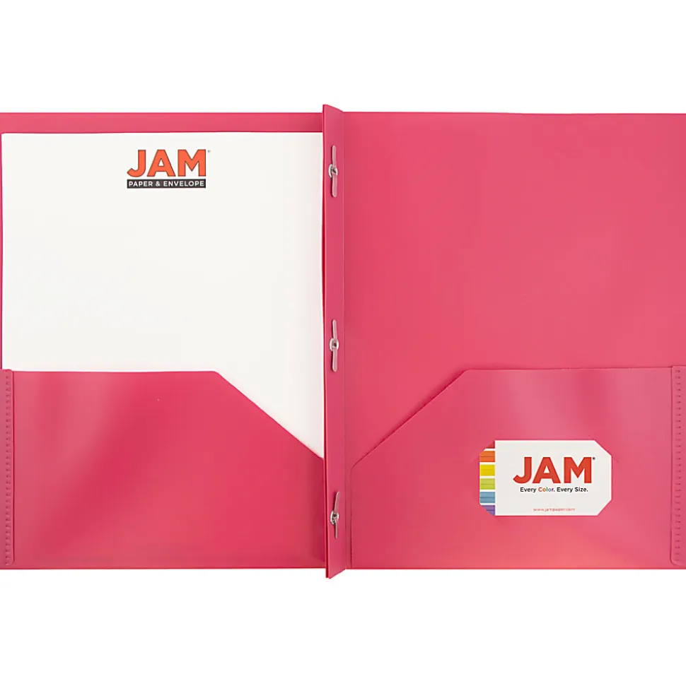 JAM Paper® Plastic 2-Pocket POP Folders with Metal Prongs Fastener Clasps, 9 1/2" x 11 1/2", Fuchsia Pink, Pack Of 6