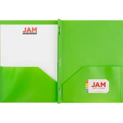 JAM Paper® Plastic 2-Pocket POP Folders with Metal Prongs Fastener Clasps, 9 1/2" x 11 1/2", Lime Green, Pack Of 6