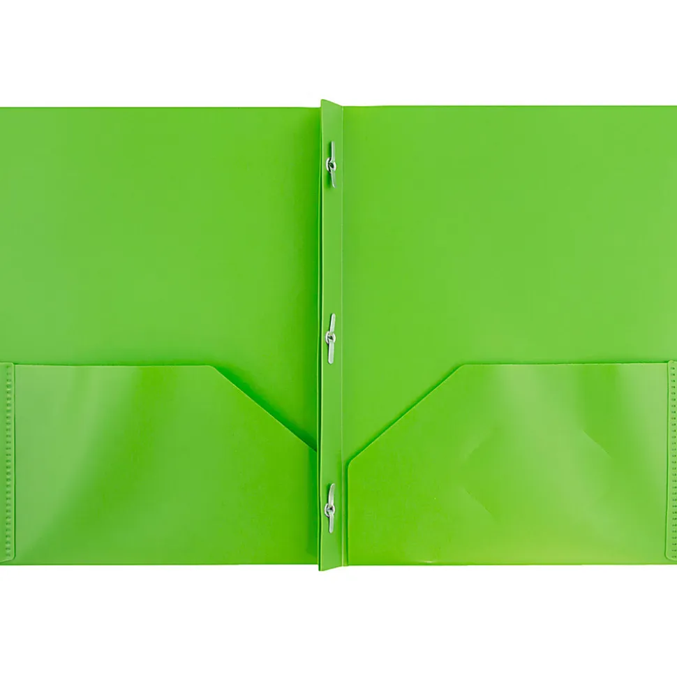 JAM Paper® Plastic 2-Pocket POP Folders with Metal Prongs Fastener Clasps, 9 1/2" x 11 1/2", Lime Green, Pack Of 6