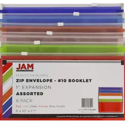 JAM Paper® Plastic Wallet Envelopes, #10, Zipper Closures, Assorted Colors, Pack Of 6 Envelopes
