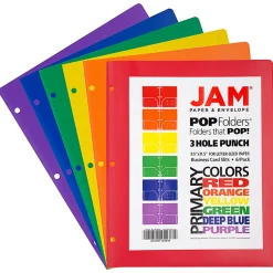 JAM PaperĀ® POP Plastic 3-Hole Punched 2-Pocket School Folders, 9-1/2" x 11-1/2", Assorted Primary, Pack Of 6 Folders