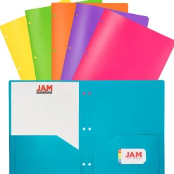 JAM Paper® POP Plastic 3-Hole Punched 2-Pocket School Folders, 9-1/2" x 11-1/2", Assorted Fashion, Pack Of 6 Folders