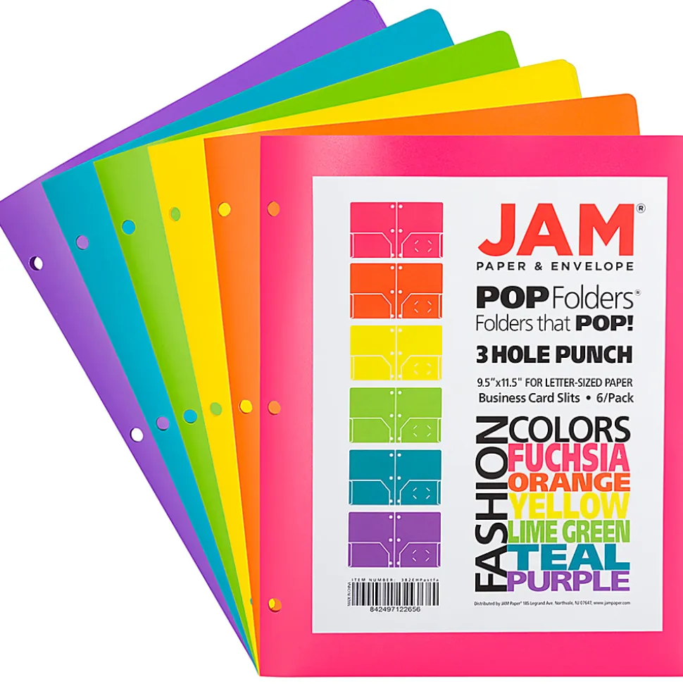 JAM Paper® POP Plastic 3-Hole Punched 2-Pocket School Folders, 9-1/2" x 11-1/2", Assorted Fashion, Pack Of 6 Folders
