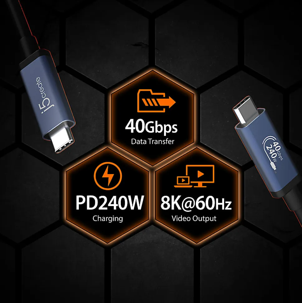 j5create USB 40Gbps 240W USB Type-C Cable, Black/Space Gray, JUC29L08