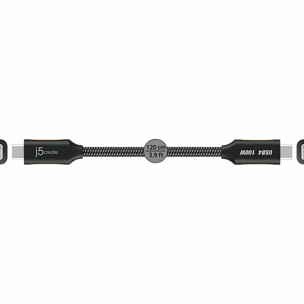 j5Create USB4 Gen 3 Full-Featured USB-C Braided Cable, 3.9', Black, JUCX27L12