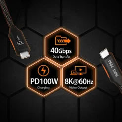 j5Create USB4 Gen 3 Full-Featured USB-C Braided Cable, 3.9', Black, JUCX27L12