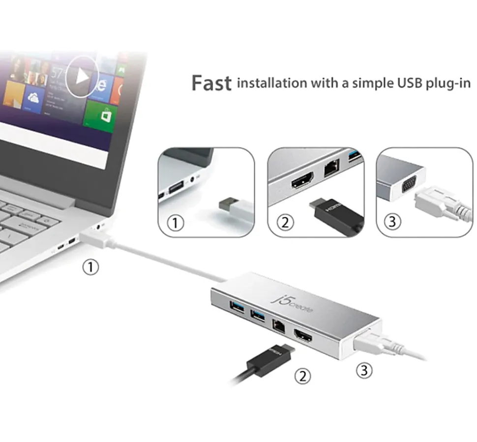 j5create USB 3.0 Mini Dock, Silver, JUD380