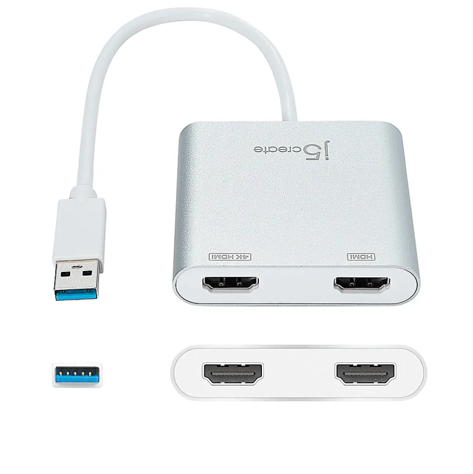 j5create USB 3.0-To-Dual HDMI Cable, 12.5", Silver, JUA365