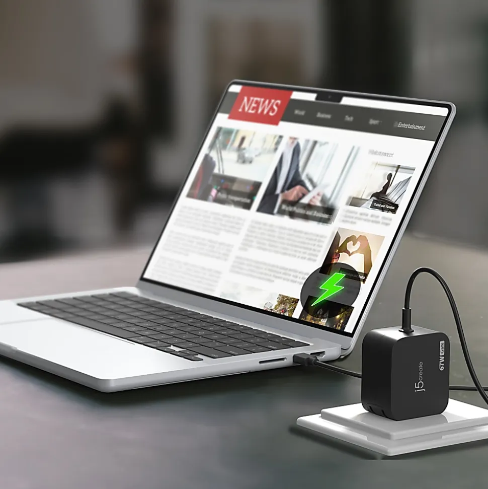 j5create 67W GaN PD USB-C Mini Charger With 4.5mm DC Converter, Black, JUP1565