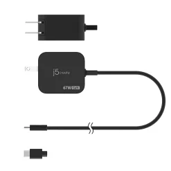 j5create 67W GaN PD USB-C Mini Charger With 4.5mm DC Converter, Black, JUP1565