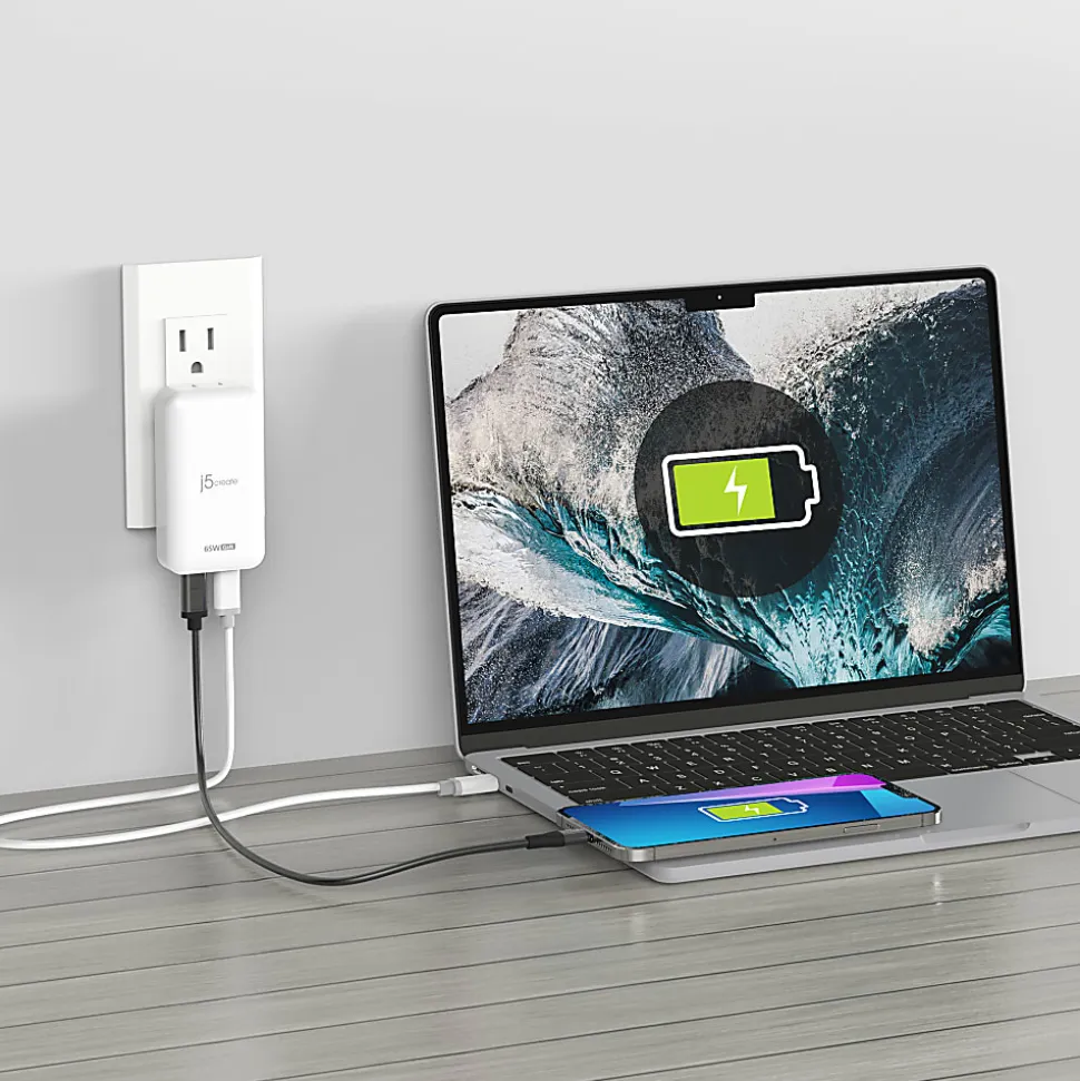 j5create 65W GaN Slim PD USB-C 2-Port Charger, White, JUP2465