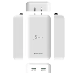 j5create 65W GaN Slim PD USB-C 2-Port Charger, White, JUP2465