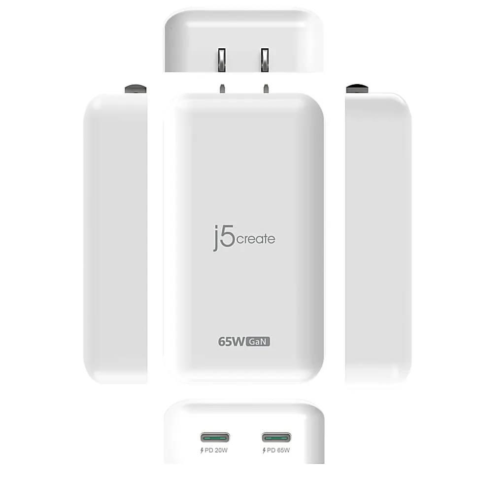 j5create 65W GaN Slim PD USB-C 2-Port Charger, White, JUP2465