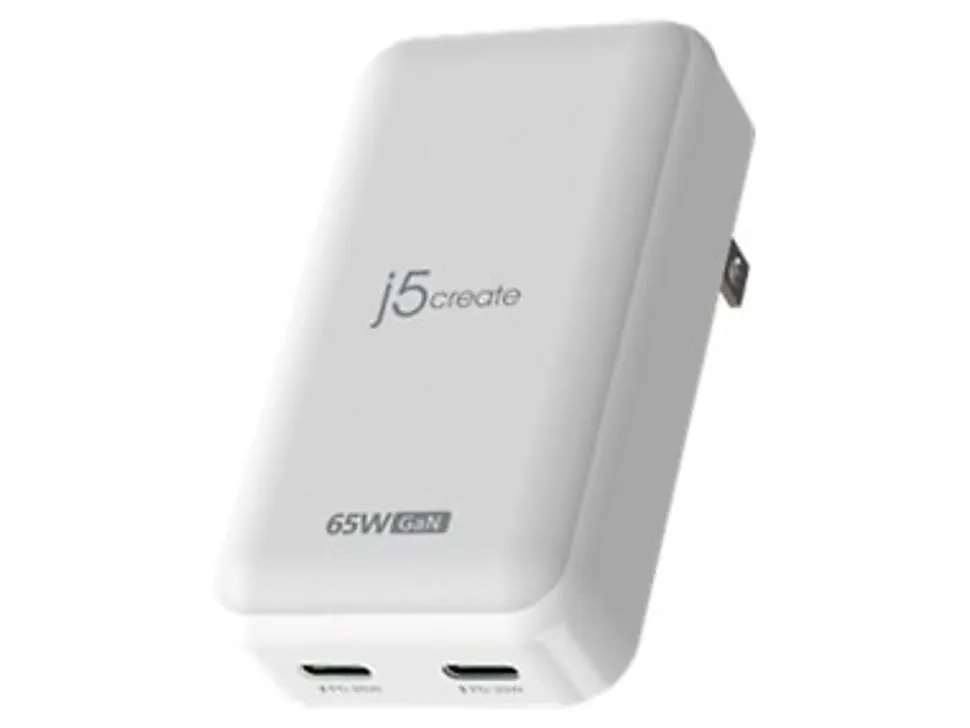 j5create 65W GaN Slim PD USB-C 2-Port Charger, White, JUP2465