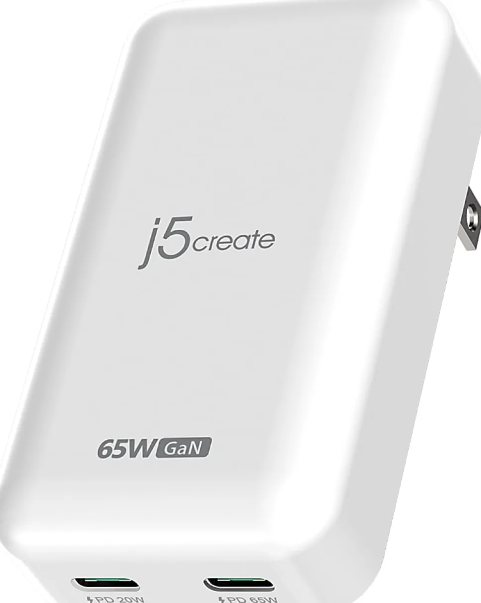 j5create 65W GaN Slim PD USB-C 2-Port Charger, White, JUP2465