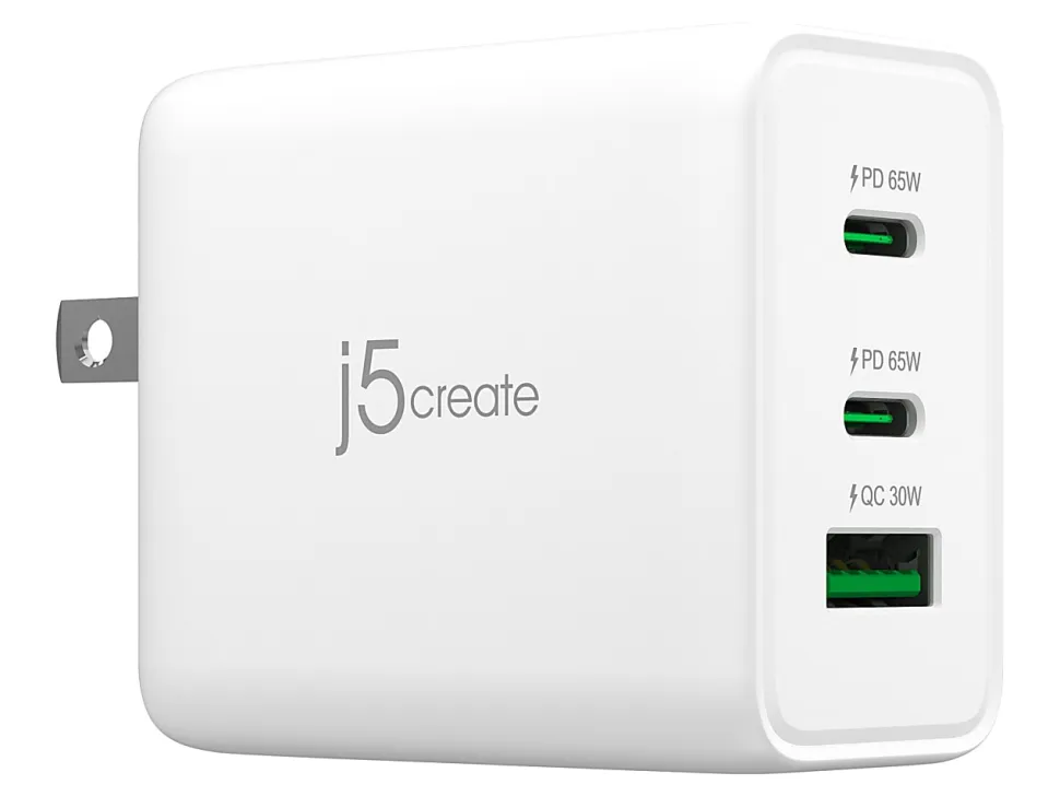 j5create 65W GaN USB-C 3-Port Charger, White, JUP3365
