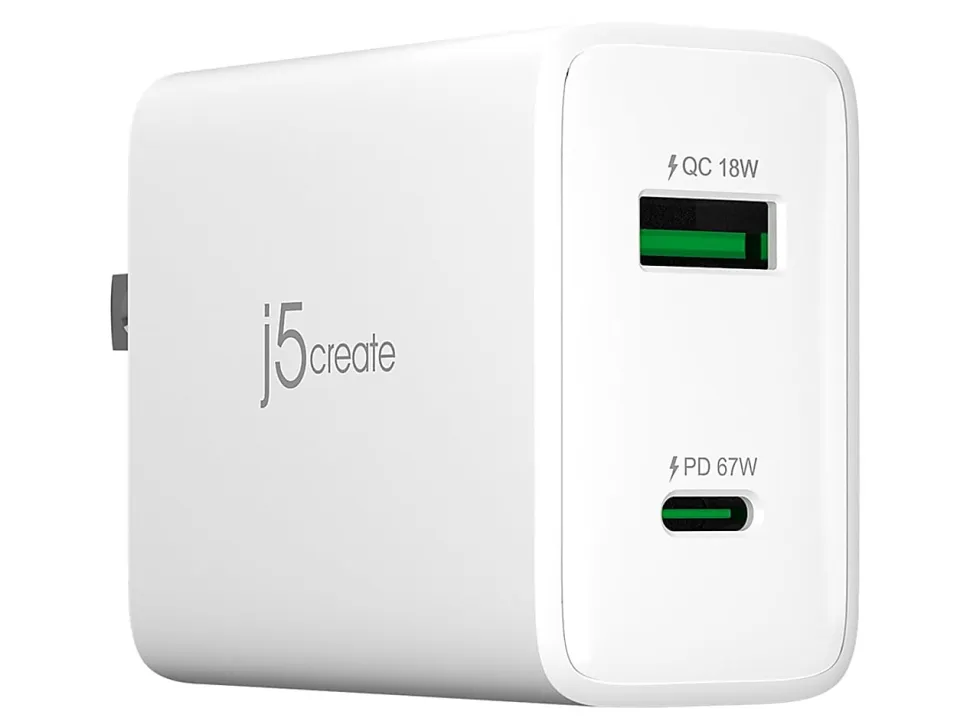 j5create 67W GaN USB-C 2-Port Charger, White, JUP2367