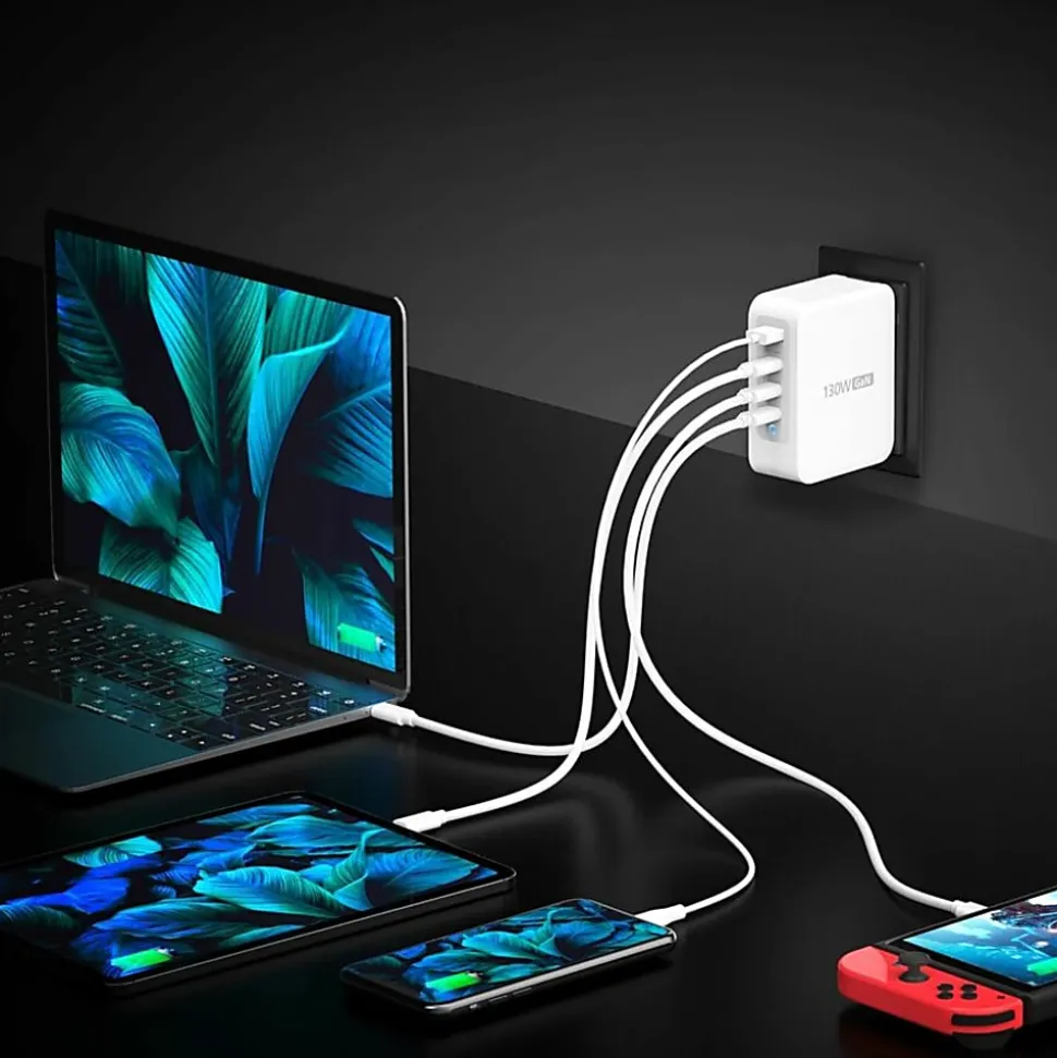j5Create 130W GaN USB C 4 Port Charger, White/Gray, JUP43130