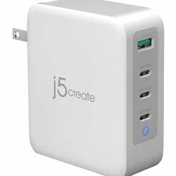 j5Create 130W GaN USB C 4 Port Charger, White/Gray, JUP43130