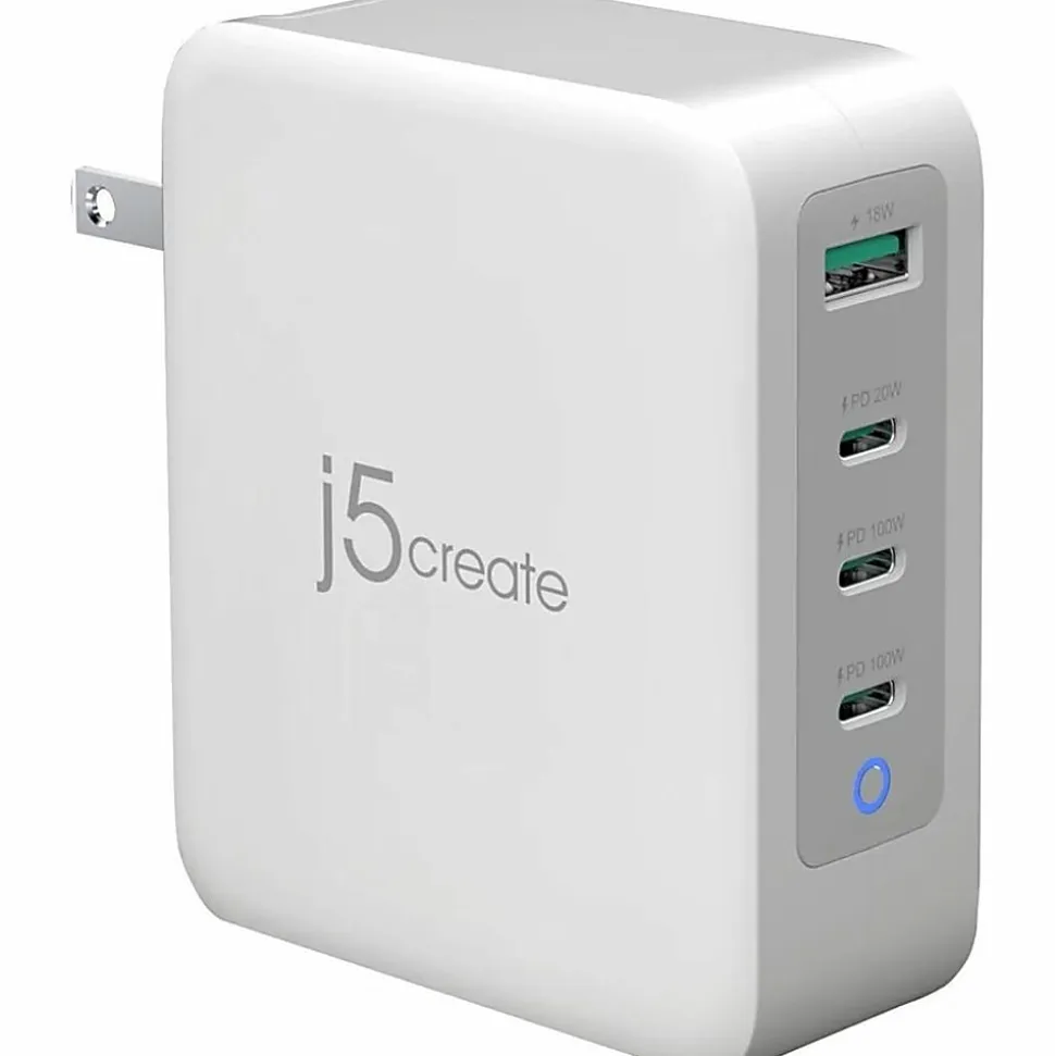 j5Create 130W GaN USB C 4 Port Charger, White/Gray, JUP43130