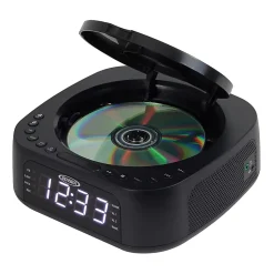 JENSEN Stereo Digital Dual-Alarm Clock With Top-Loading CD Player, FM Tuner, USB Charging Port And Battery Backup, 2.38"H x 7.32"W x 7.32"D, Black