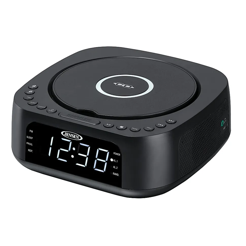 JENSEN Stereo Digital Dual-Alarm Clock With Top-Loading CD Player, FM Tuner, USB Charging Port And Battery Backup, 2.38"H x 7.32"W x 7.32"D, Black