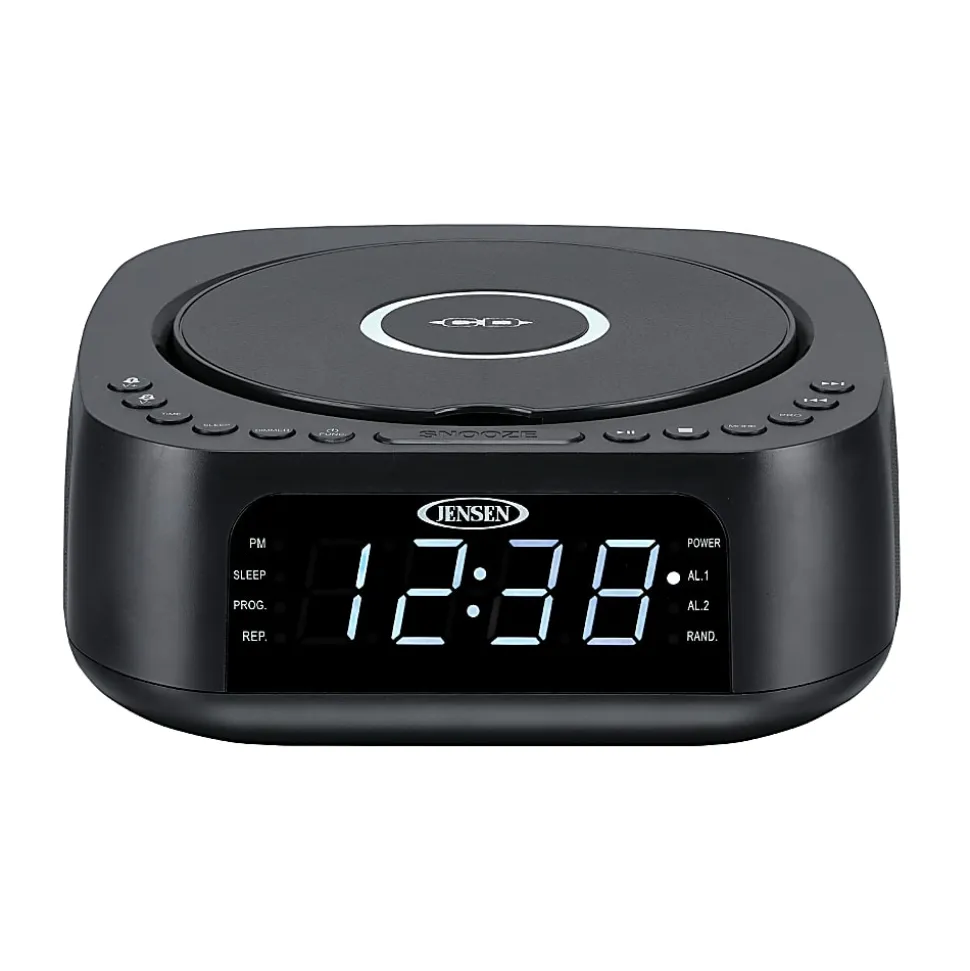 JENSEN Stereo Digital Dual-Alarm Clock With Top-Loading CD Player, FM Tuner, USB Charging Port And Battery Backup, 2.38"H x 7.32"W x 7.32"D, Black