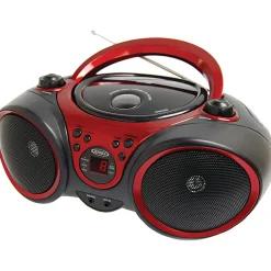 JENSEN 3W RMS CD-490 Portable Stereo CD Player With AM/FM Radio, 5-13/16”H x 9-1/8”W x 8-1/4”D, Black/Red