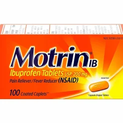 Johnson & Johnson Motrin Ibuprofen Caplets For Fever, Common Cold, Headache, Backache, Muscular Pain, Arthritis, Toothache 100 / Box