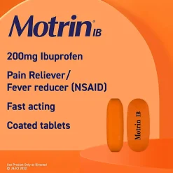 Johnson & Johnson Motrin Ibuprofen Caplets  For Fever, Common Cold, Headache, Backache, Muscular Pain, Arthritis, Toothache  100 / Box