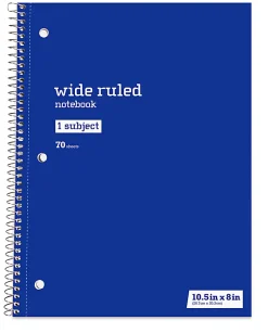 Just Basics® Spiral Notebook, 8" x 10-1/2", Wide Ruled, 70 Sheets, Blue