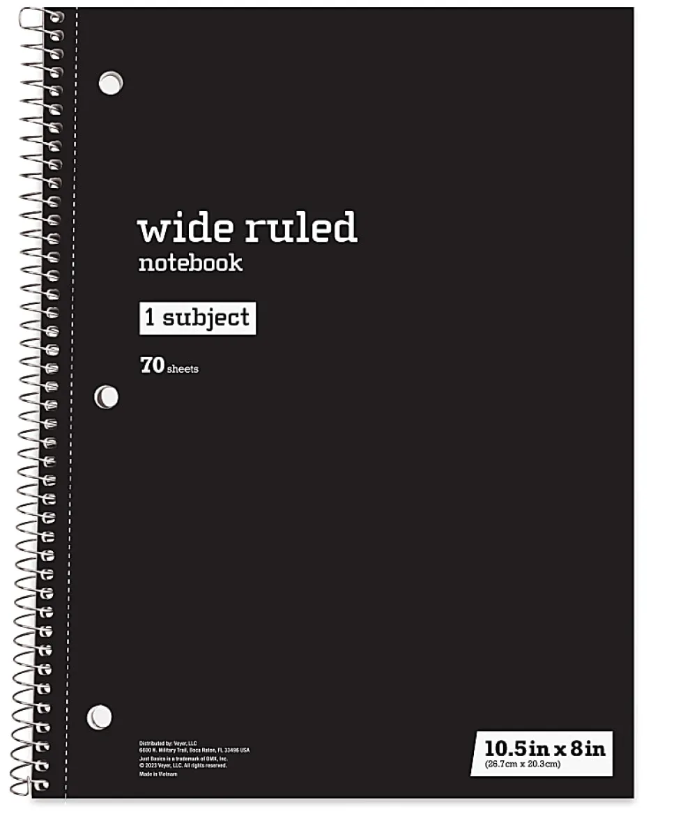 Just Basics® Spiral Notebook, 8" x 10-1/2", Wide Ruled, 70 Sheets, Assorted Colors, Pack Of 6 Notebooks