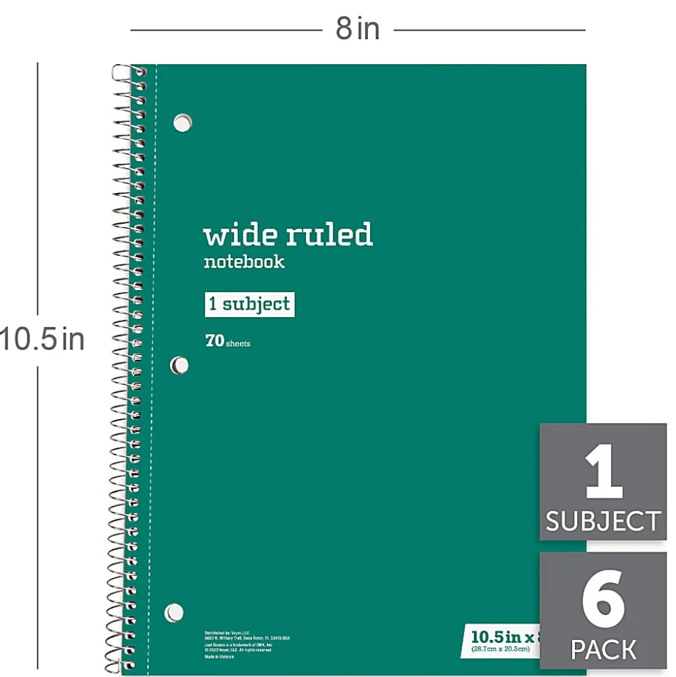 Just Basics® Spiral Notebook, 8" x 10-1/2", Wide Ruled, 70 Sheets, Assorted Colors, Pack Of 6 Notebooks