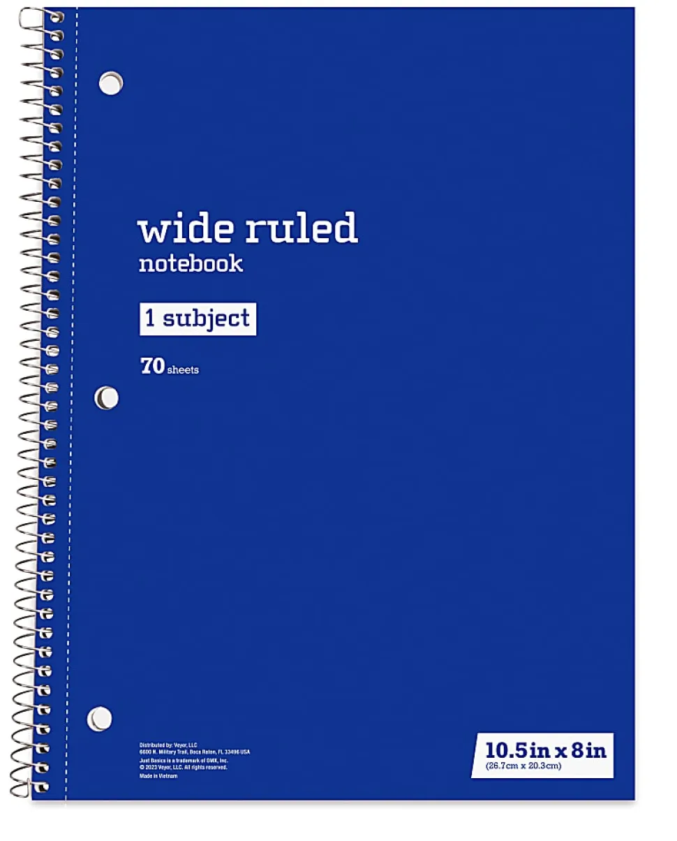 Just Basics® Spiral Notebook, 8" x 10-1/2", Wide Ruled, 70 Sheets, Assorted Colors, Pack Of 6 Notebooks