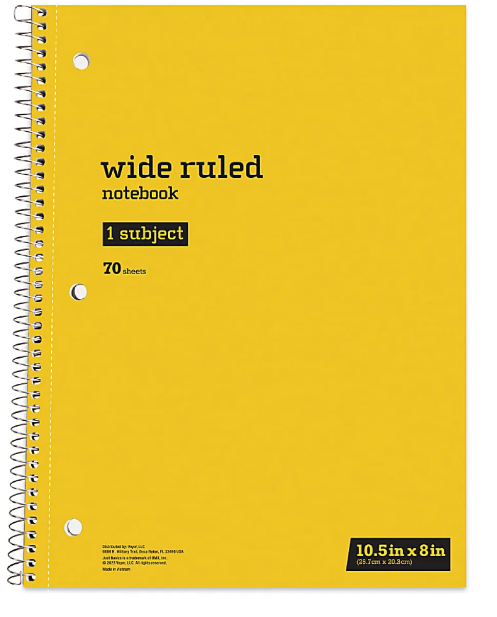 Just Basics® Spiral Notebook, 8" x 10-1/2", Wide Ruled, 70 Sheets, Assorted Colors, Pack Of 6 Notebooks
