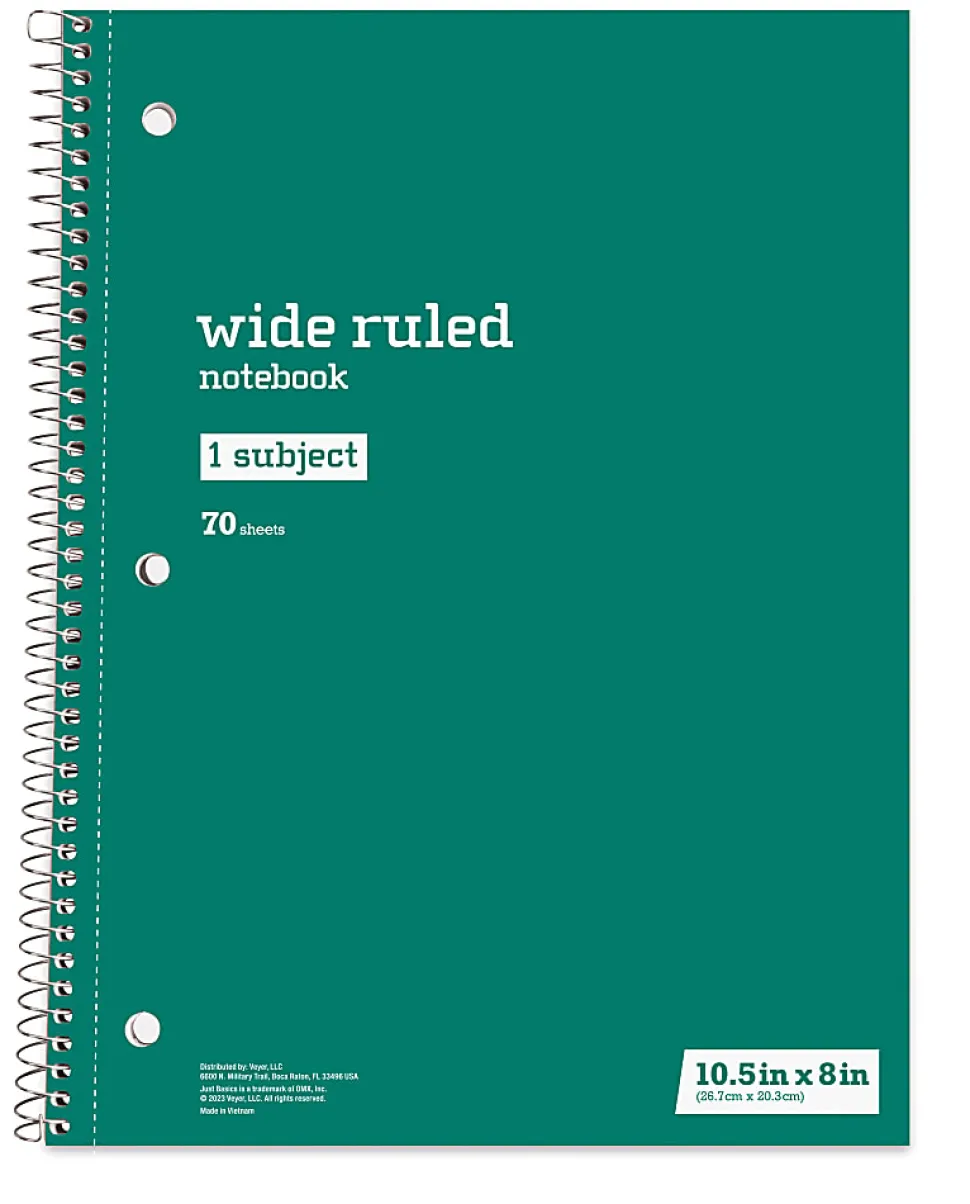 Just Basics® Spiral Notebook, 8" x 10-1/2", Wide Ruled, 70 Sheets, Assorted Colors, Pack Of 6 Notebooks