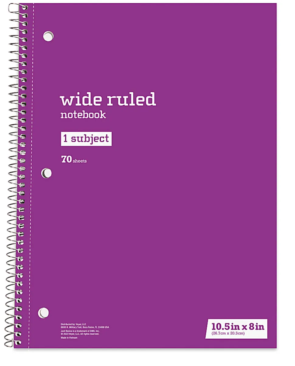 Just Basics® Spiral Notebook, 8" x 10-1/2", Wide Ruled, 70 Sheets, Assorted Colors, Pack Of 6 Notebooks