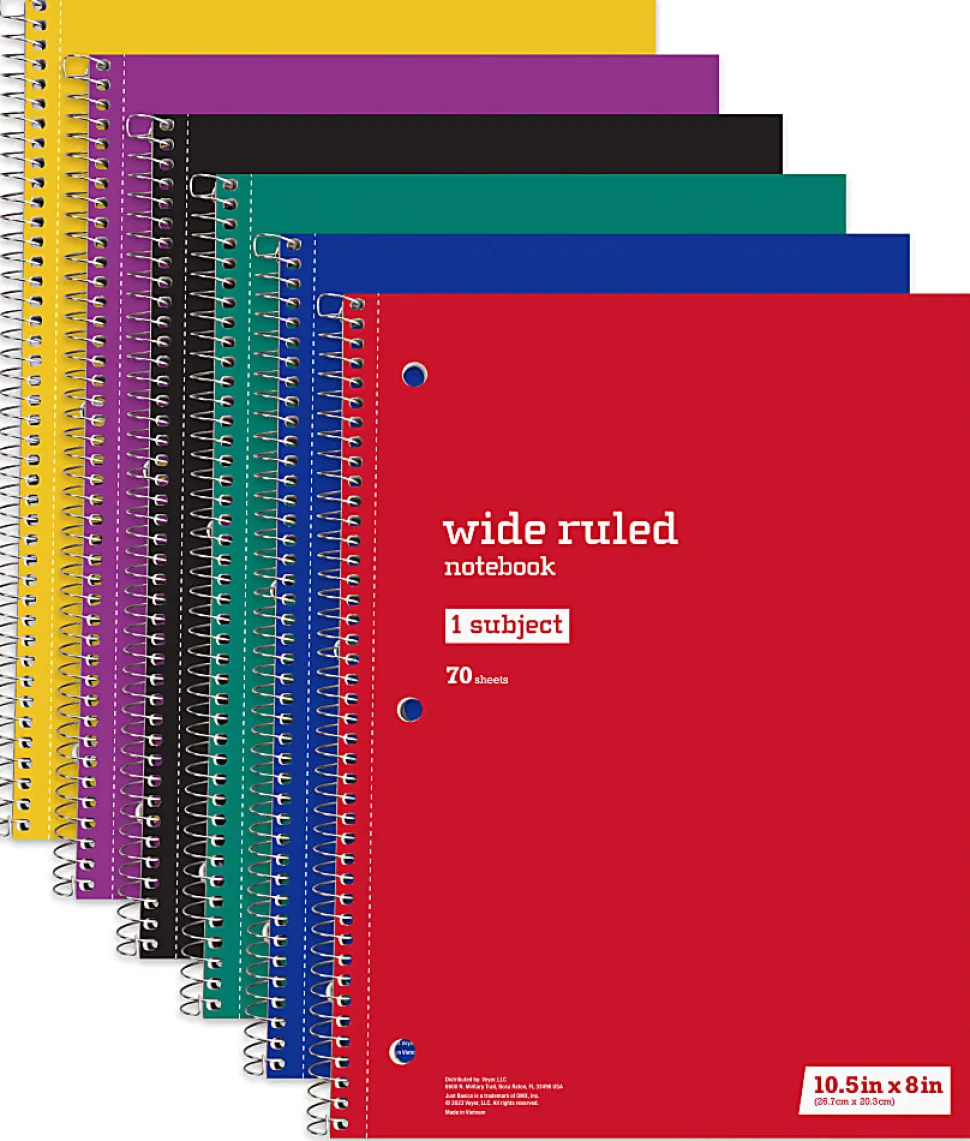 Just Basics® Spiral Notebook, 8" x 10-1/2", Wide Ruled, 70 Sheets, Assorted Colors, Pack Of 6 Notebooks