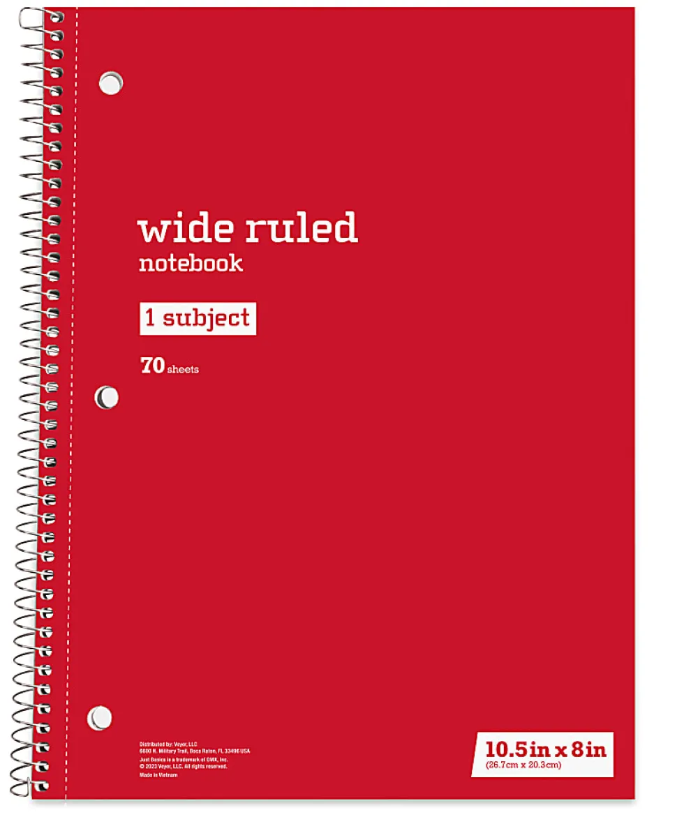 Just Basics® Spiral Notebook, 8" x 10-1/2", Wide Ruled, 70 Sheets, Assorted Colors, Pack Of 6 Notebooks
