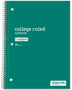 Just Basics® Spiral Notebook, 8" x 10-1/2", College Ruled, 70 Sheets, Green