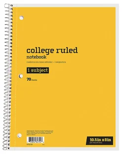 Just Basics® Spiral Notebook, 8" x 10-1/2", College Ruled, 70 Sheets, Yellow