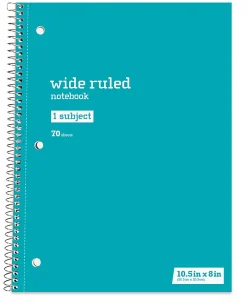 Just BasicsĀ® Wirebound Notebook, 8" x 10-1/2", Wide Ruled, 70 Sheets, Assorted Colors, Pack Of 6