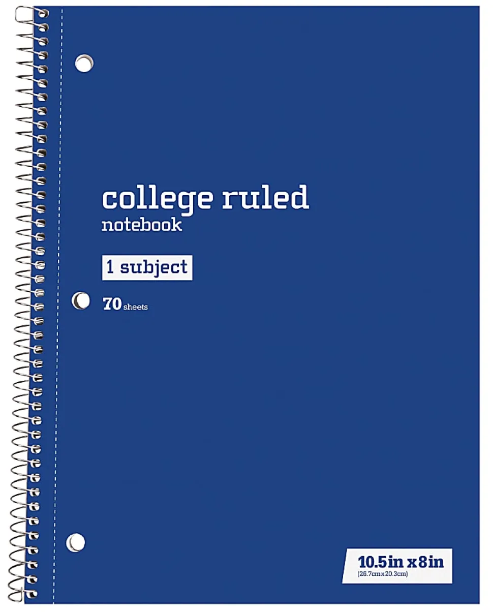 Just Basics® Wirebound Notebook, 8" x 10-1/2", College Ruled, 70 Sheets, Blue