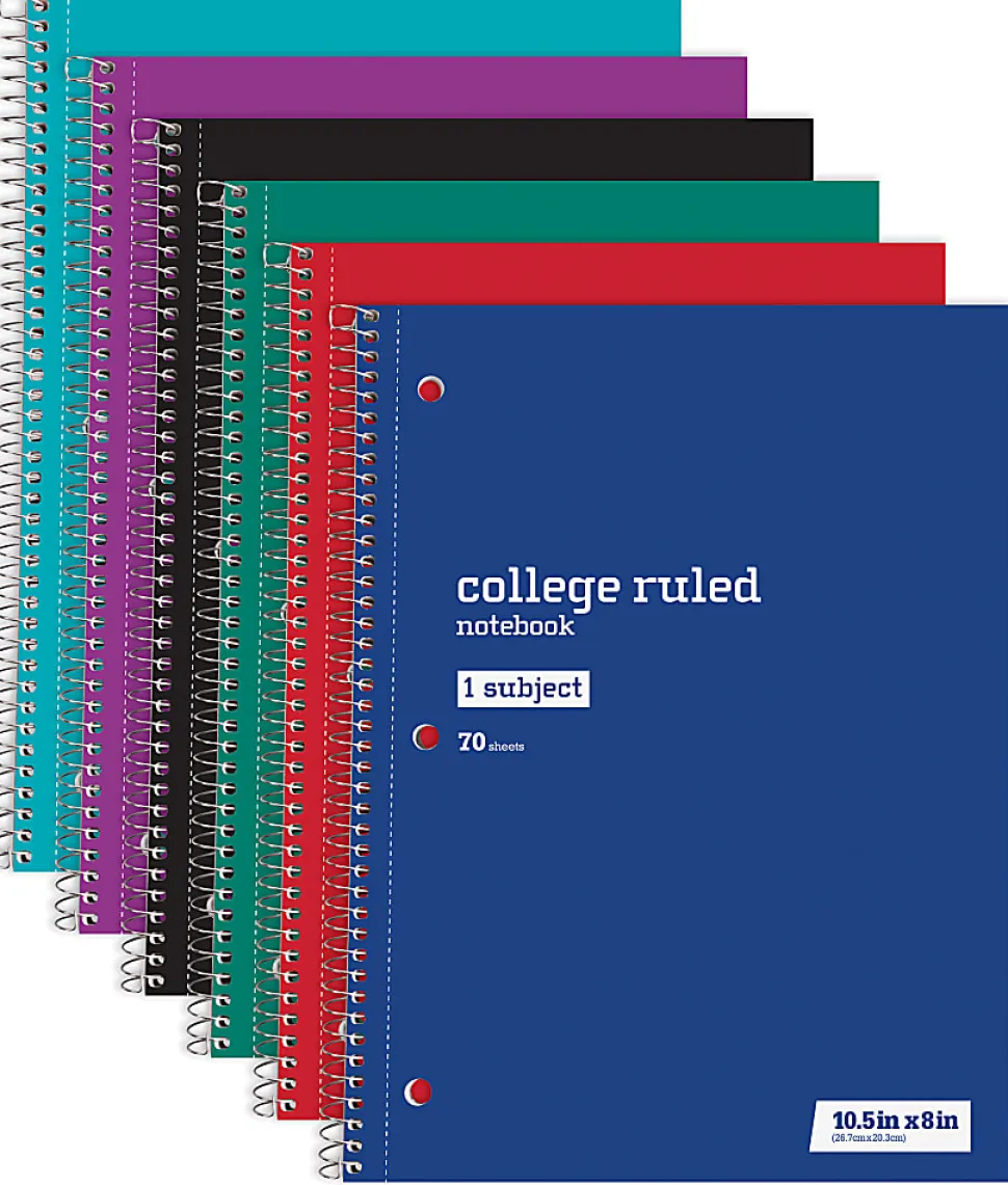 Just Basics® Wirebound Notebook, 8" x 10-1/2", College Ruled, 70 Sheets, Assorted Colors, Pack Of 6