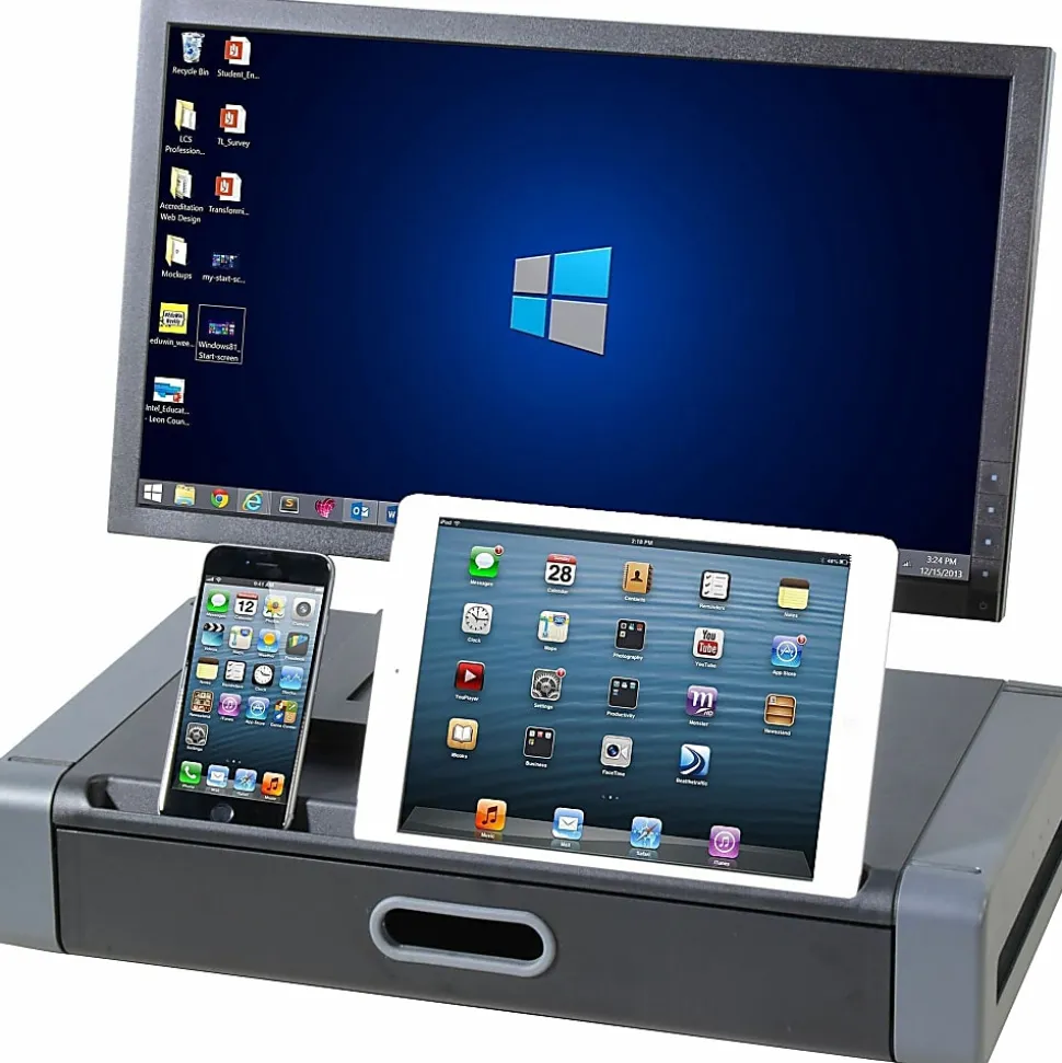 Kantek Monitor Riser with Drawer and Tablet/Smartphone Slot, 4"H x 19"W x 11"D, Polystyrene, Black, Gray