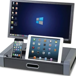 Kantek Monitor Riser with Drawer and Tablet/Smartphone Slot, 4