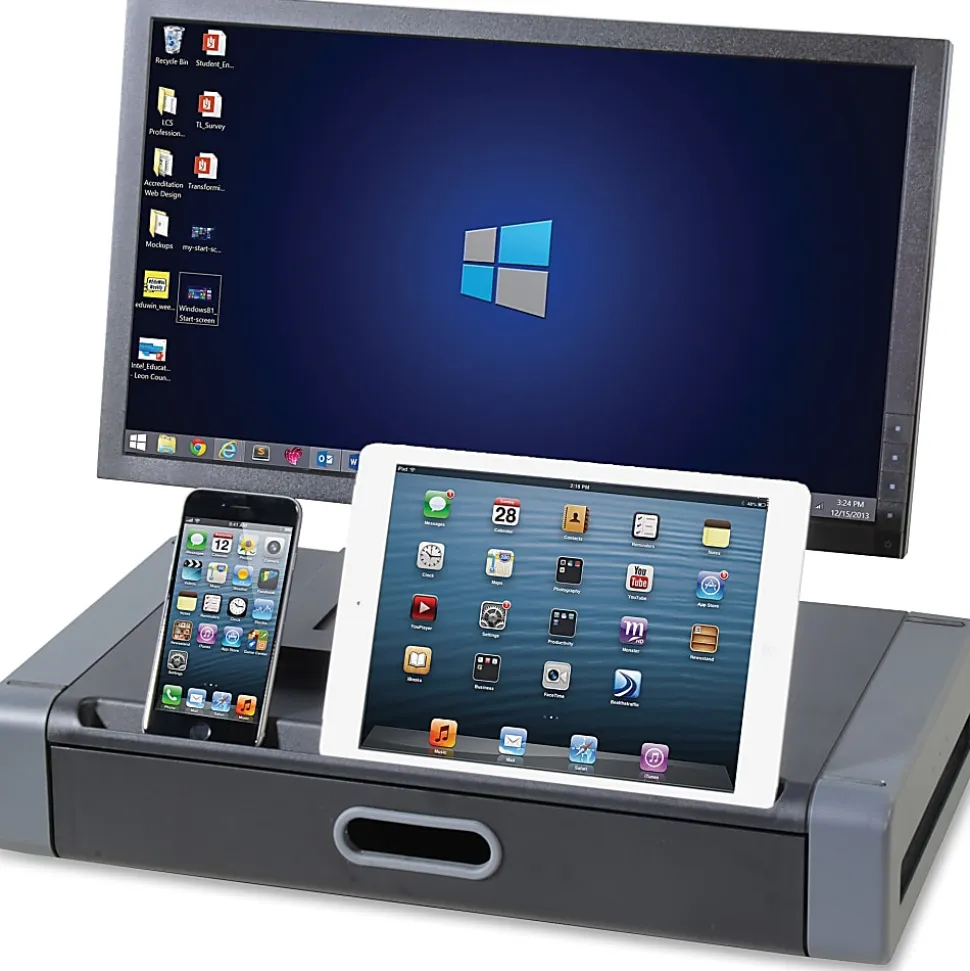 Kantek Monitor Riser with Drawer and Tablet/Smartphone Slot, 4"H x 19"W x 11"D, Polystyrene, Black, Gray